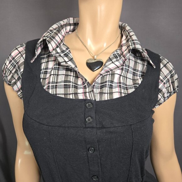 Y2K Button Up Blouse Top Size L Black White Plaid Short Sleeve Stretch Tie Back - Picture 2 of 9